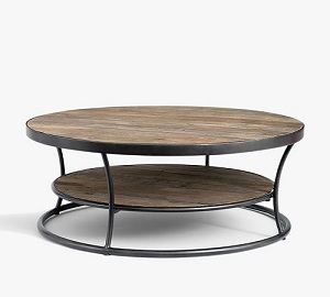 Round reclaimed elm wood metal framed coffee table with a shelf