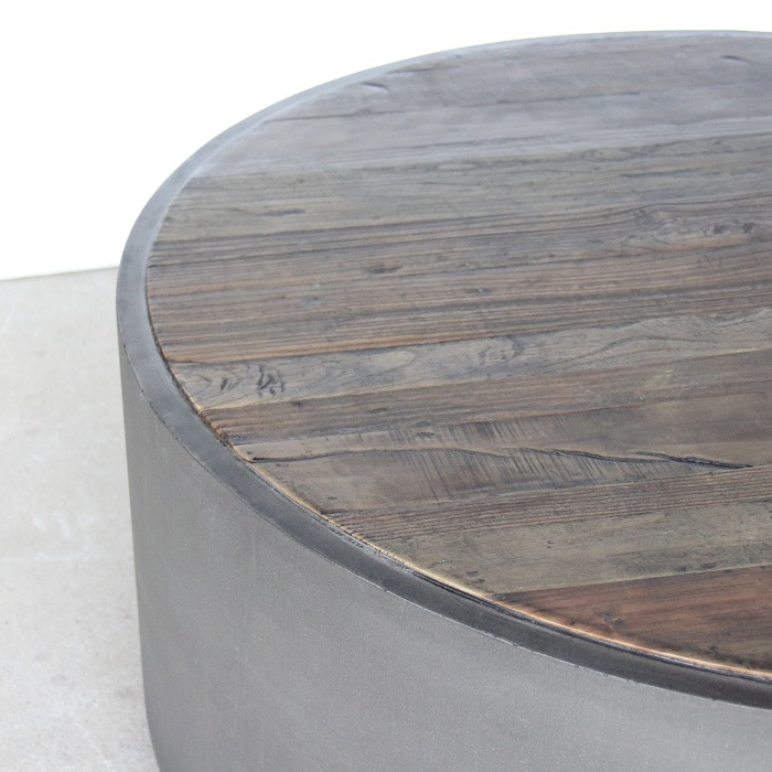 Reclaimed elm top concrete drum coffee table
