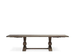 Gray stained oak top aged trestle extending dining table