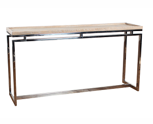 Bleached oak top chrome base mid century console table