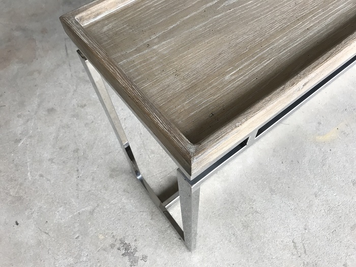 Bleached oak top chrome base mid century console table