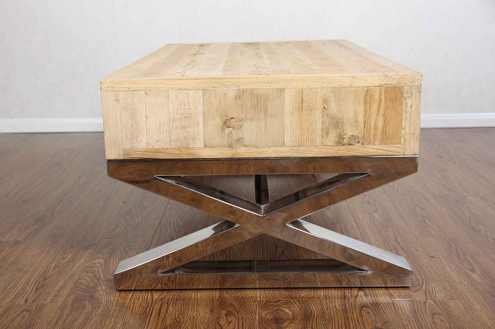 Reclaimed elm top cross chrome base modern coffee table