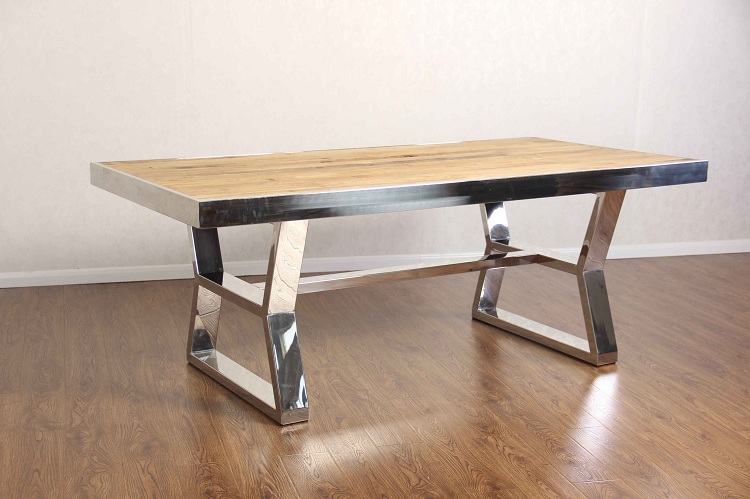 Reclaimed elm top chrome base modern dining table