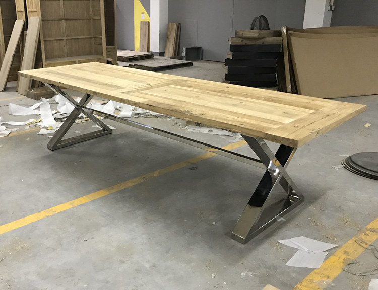 Reclaimed elm top cross chrome base modern dining table