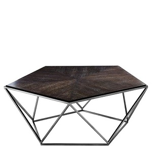 Dark stained oak top chrome base pentagon coffee table