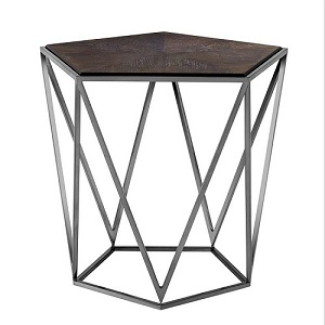 Dark stained oak top chrome base pentagon side table