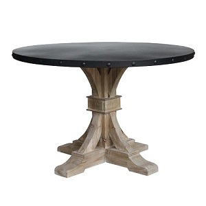 Metal top hammered reclaimed wood base round dining table