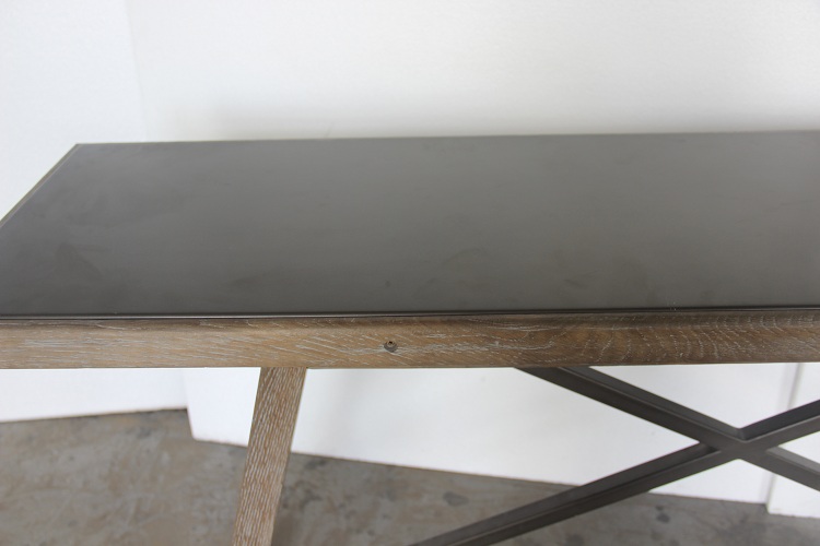 Zinc top oak cross base rectangular console table