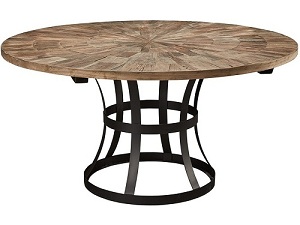 Reclaimed elm sunburst parquet top metal base round dining table