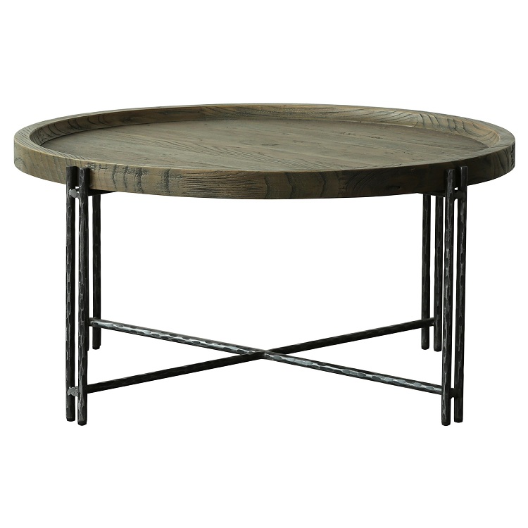 Reclaimed elm tray top forged iron round coffee table