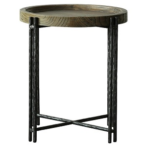 Reclaimed elm tray top forged iron round end table