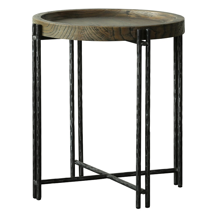 Reclaimed elm tray top forged iron round end table