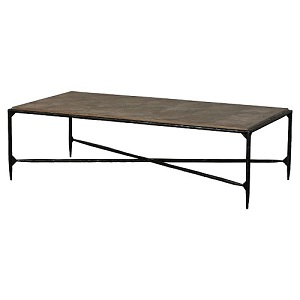 Reclaimed elm parquet top forged iron coffee table