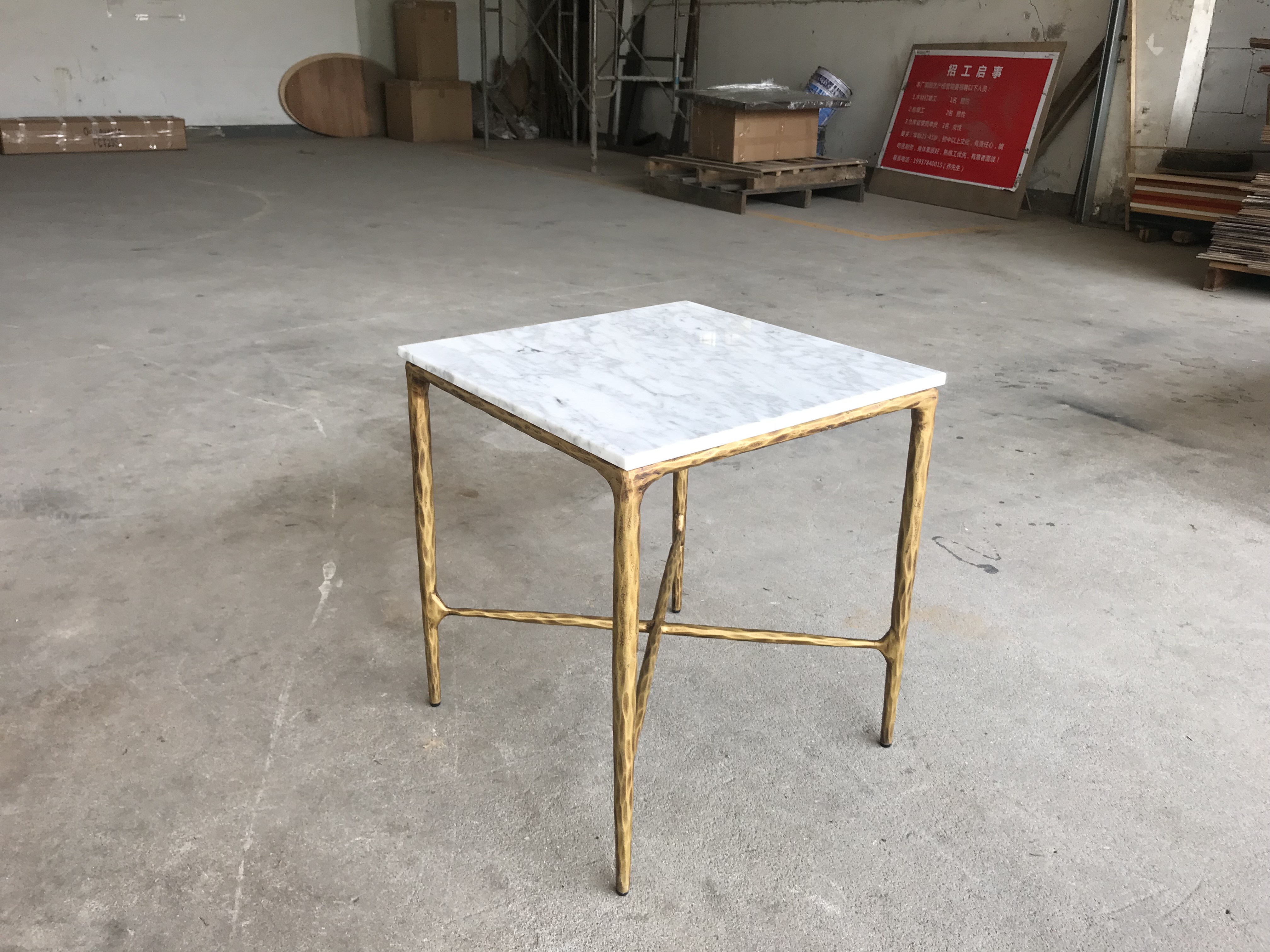 Carrara marble top forged iron end table