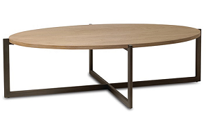 Oak top gunmetal cross base oval coffee table