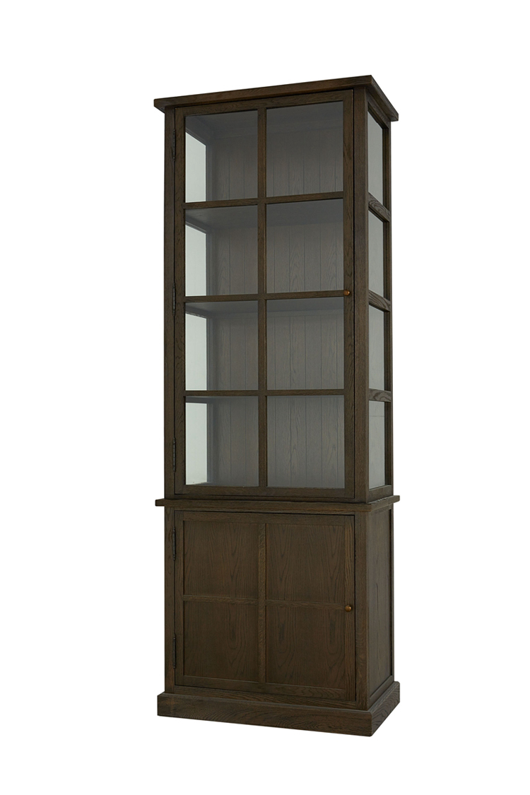 Dark stained oak tall display cabinet